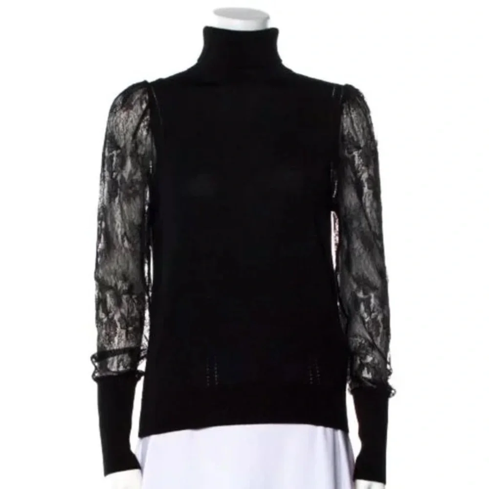 EQUIPMENT Femme Black Wool Silk Turtleneck Sweater Sheer Lace Sleeves Long Cuffs